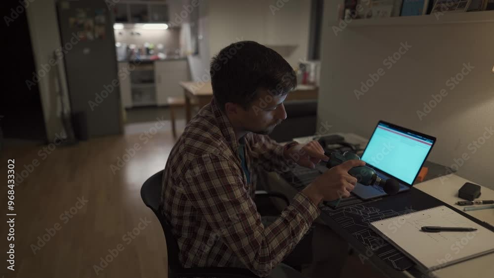 Tired male student studying on laptop at home until late and has neck pain and massages himself with percussion gun. Neck and back pain. Overworked man uses pistol massager to relieve muscle tension Tired male student studying on laptop at home until late and has neck pain and massages himself with percussion gun. Neck and back pain. Overworked man uses pistol massager to relieve muscle tension