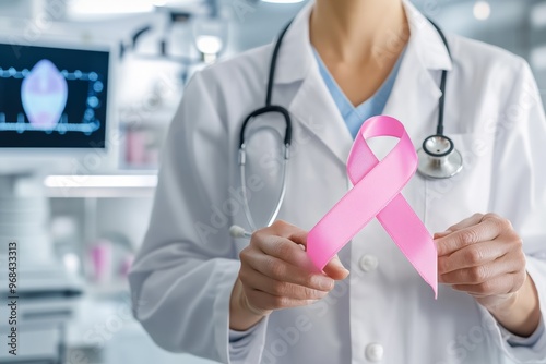 Female doctor holding pink ribbon while standing in a hospital in front of medical equipment photo