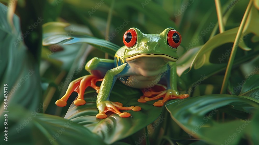 Close-up of a red-eyed tree frog perched amidst lush green foliage, with vivid colors and detailed textures Close-up of a red-eyed tree frog perched amidst lush green foliage, with vivid colors and detailed textures