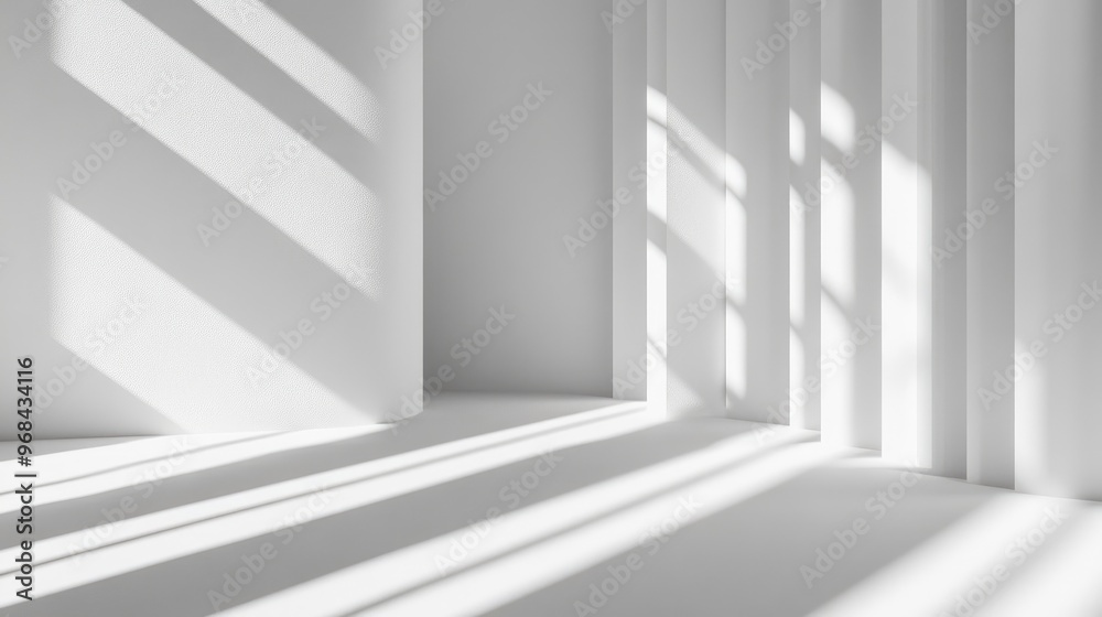 Obraz premium Abstract White Room with Light and Shadows Creating Geometric Shapes, Minimalist and Modern Interior Design