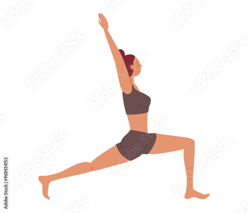 A woman practicing a lunging exercise outdoors during sunny weather for fitness and wellness