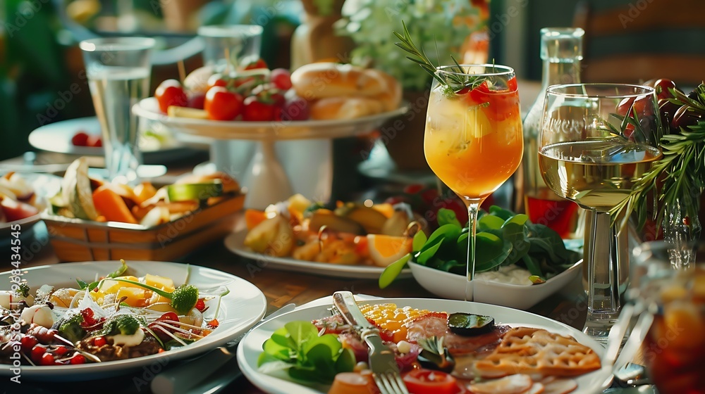 Close-up of an elegantly arranged table with a variety of gourmet dishes and drinks, showcasing vibrant colors and textures