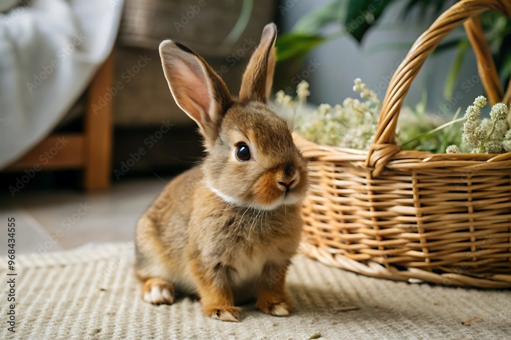 Fototapeta premium Cute Bunny Rabbit Sitting Near a Basket.