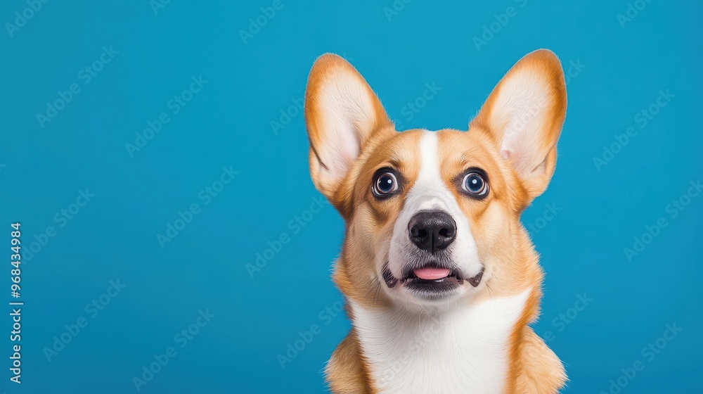 Adorable Pembroke Welsh Corgi Puppy Dog with Blue Eyes and Tongue Out on Blue Background Adorable Pembroke Welsh Corgi Puppy Dog with Blue Eyes and Tongue Out on Blue Background