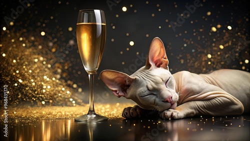 Gruff sphynx cat snoring at champagne glass on dark background with golden particles