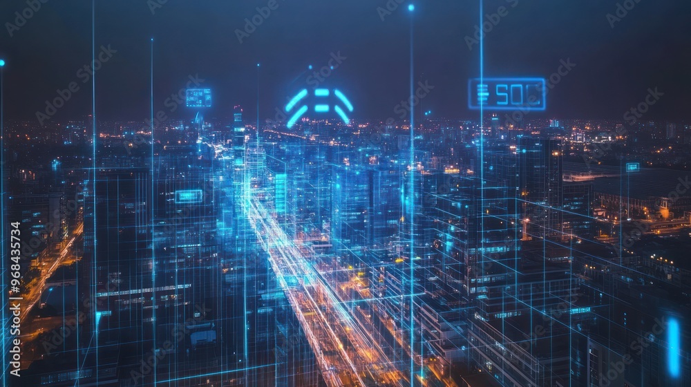 Fototapeta premium Smart City Skyline with Digital Overlays