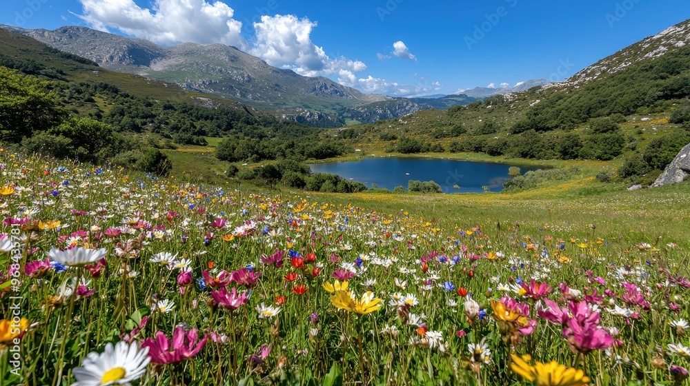 Wildflowers Blooming in Mountain Meadow with Lake and Blue Sky Wildflowers Blooming in Mountain Meadow with Lake and Blue Sky