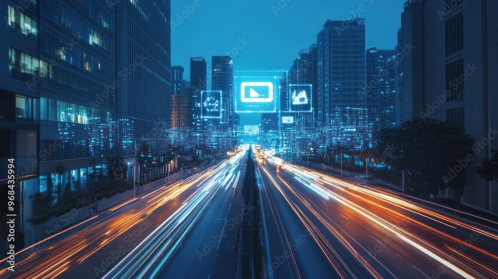 Fototapeta premium Cityscape with Digital Icons and Traffic Lights at Night