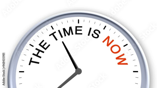 The Time Is Now Word or Text on Clock Moving Fast for Time Concept on White Background and Green Screen
