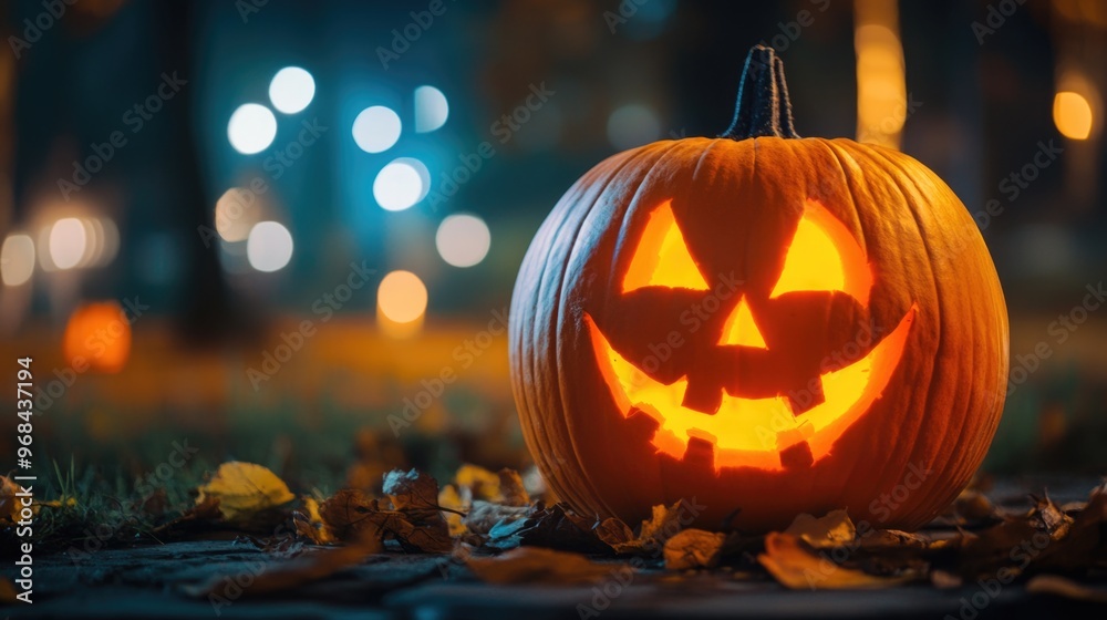 Naklejka premium Halloween night scene with glowing jack-o'-lanterns and pumpkins in a spooky setting