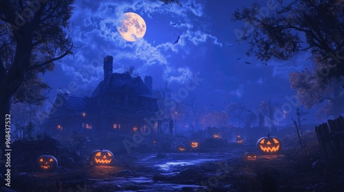 Halloween night scene with glowing jack-o'-lanterns and pumpkins in a spooky setting