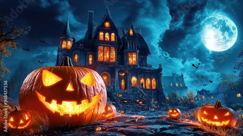 Halloween night scene with glowing jack-o'-lanterns and pumpkins in a spooky setting