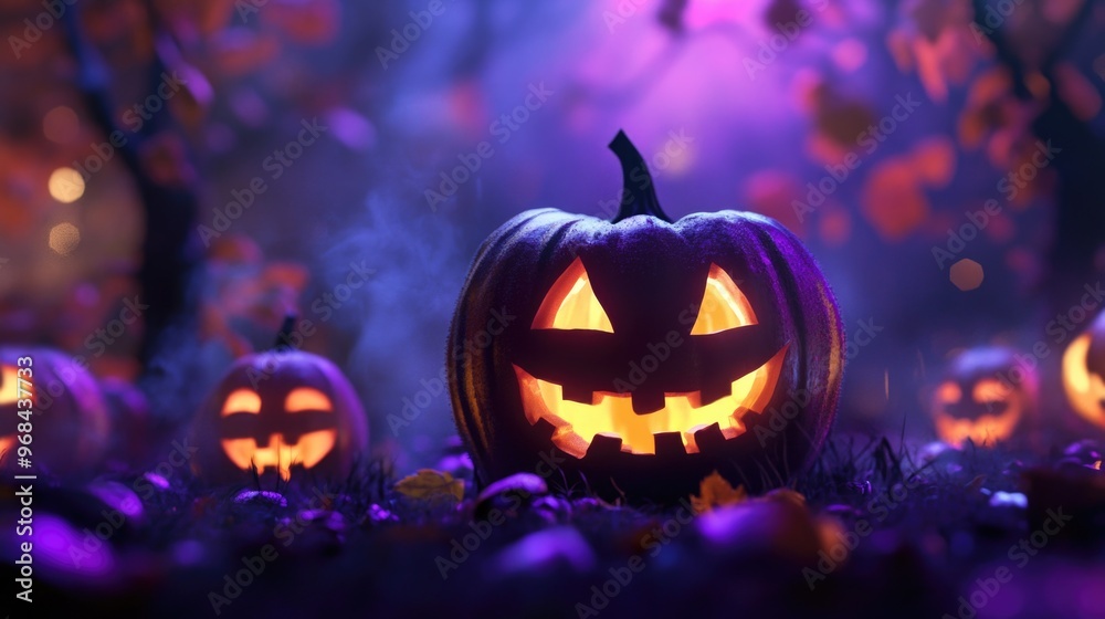 Naklejka premium Halloween night scene with glowing jack-o'-lanterns and pumpkins in a spooky setting