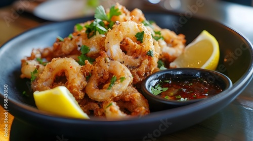 88. A serving of crispy and golden fried calamari with a side of lemon wedges