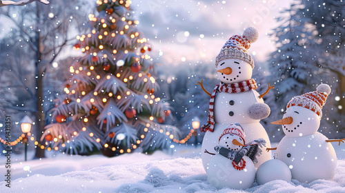Family of Snowmen with Festive Accessories in Front of a Decorated Christmas Tree
