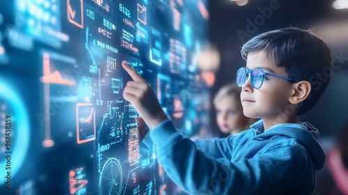 Young boy wearing glasses interacting with a futuristic digital interface.