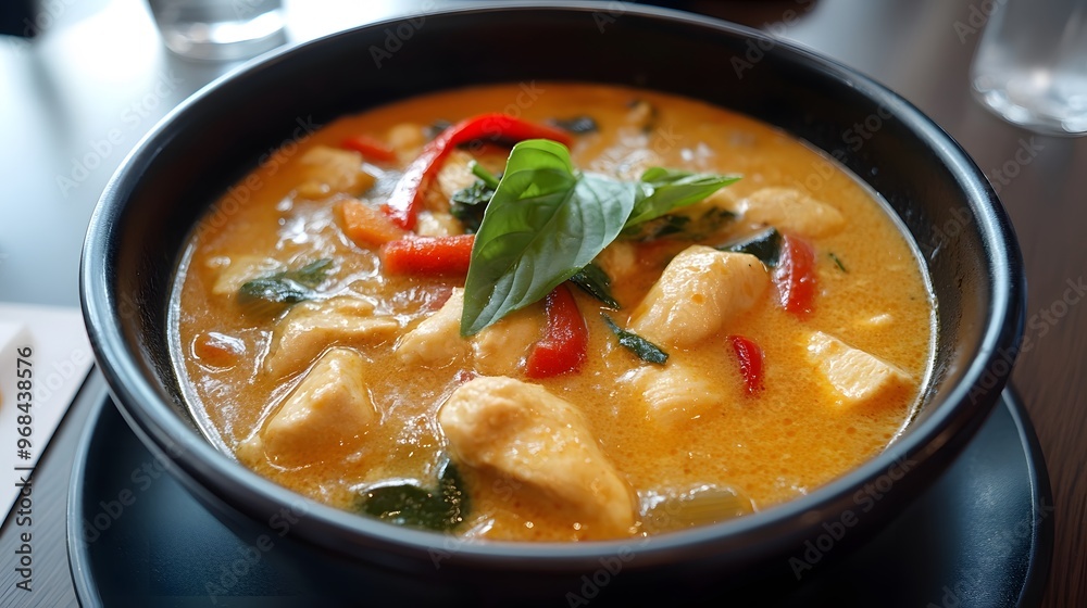 92. A bowl of spicy and aromatic red curry with chicken and vegetables 92. A bowl of spicy and aromatic red curry with chicken and vegetables