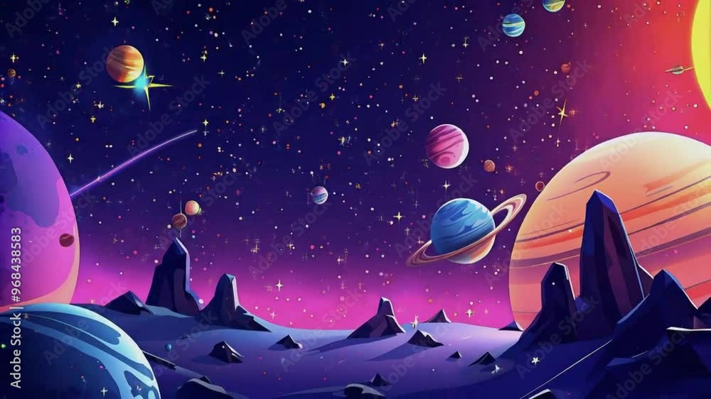 A Colorful, Stylized Depiction of a Starry Night Sky with Planets and a ...