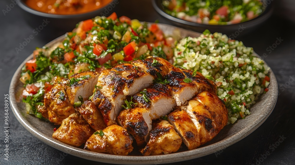 99. A plate of flavorful and spicy chicken shawarma with a side of tabbouleh 99. A plate of flavorful and spicy chicken shawarma with a side of tabbouleh