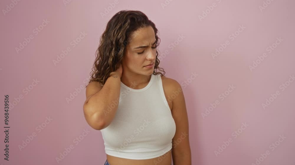 Woman experiencing neck pain against a pink wall, brunette hair and wearing a white tank top Woman experiencing neck pain against a pink wall, brunette hair and wearing a white tank top
