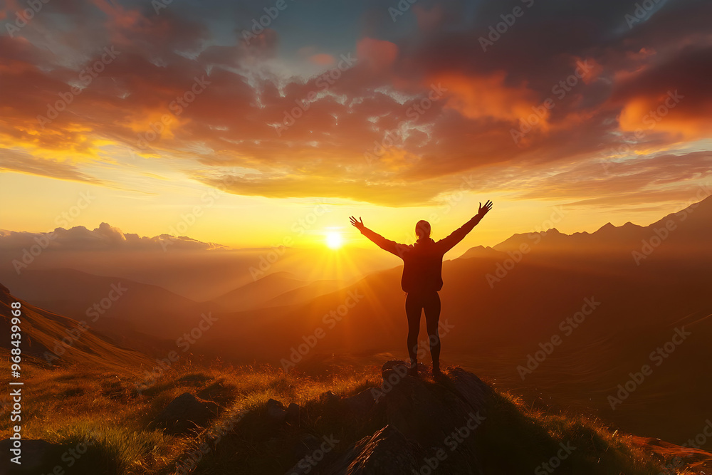 Woman Standing on Mountain Peak Sunset Landscape Photo
