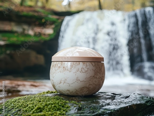 Eco-friendly skincare jar placed on mossy rock near a refreshing waterfall in natural surroundings photo