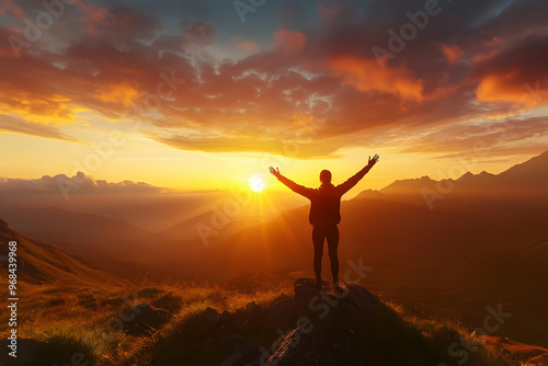 Obraz na płótnie Woman Standing on Mountain Peak Sunset Landscape Photo w salonie