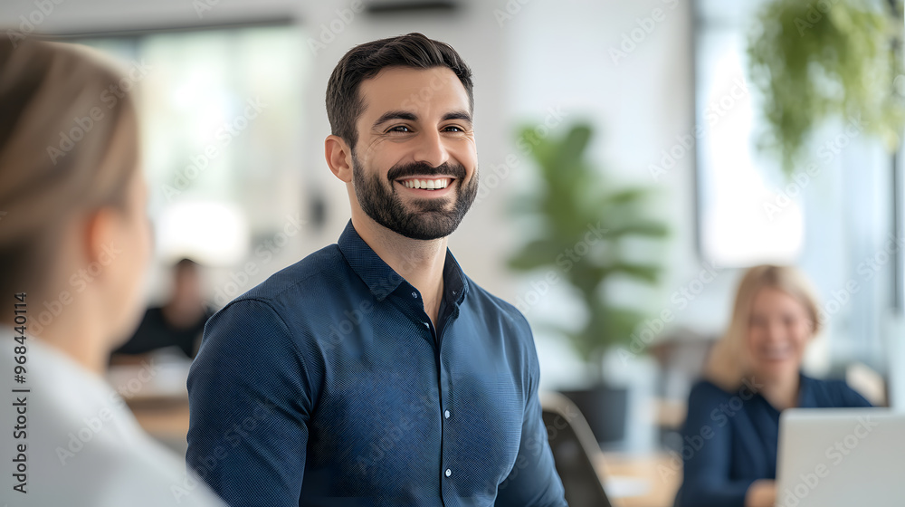Fototapeta premium A man with a beard and a blue shirt is smiling at the camera