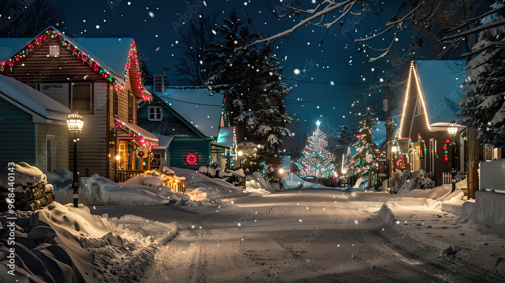 Peaceful Holiday Scene: Snow-Covered Street Lined with Colorful Christmas Lights