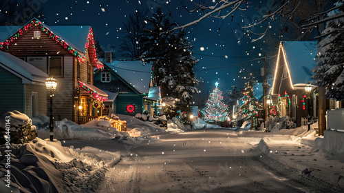 Obraz na płótnie Peaceful Holiday Scene: Snow-Covered Street Lined with Colorful Christmas Lights w salonie