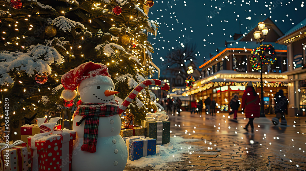 Bright Christmas Tree and Snowman Add Magic to a Snowy Town Square Celebration