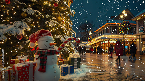 Obraz na płótnie Bright Christmas Tree and Snowman Add Magic to a Snowy Town Square Celebration w salonie
