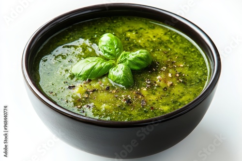 A bowl of creamy green pistou soup garnished with fresh basil leaves. The soup is made with a blend of fresh herbs and vegetables, creating a flavorful and aromatic dish. The vibrant green color and d photo