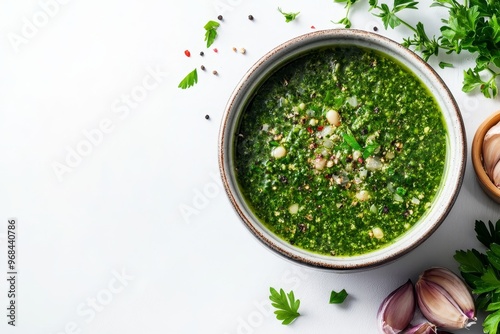 A bowl of creamy green Pistou soup, garnished with fresh parsley and white beans. The soup is served on a white background, with garlic cloves and peppercorns scattered around. This soup is perfect fo photo