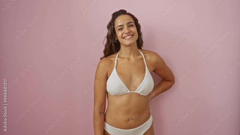 Happy young hispanic woman in bikini with cool smile on face, isolated over pink background Happy young hispanic woman in bikini with cool smile on face, isolated over pink background