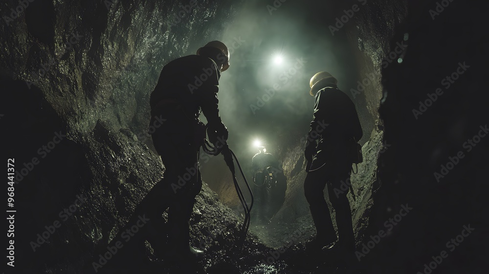 48. Close-up of workers using both manual and automated tools in a dimly lit underground environment to extract minerals