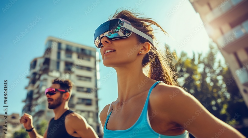 Young woman wearing VR glasses, looking up with a smile. A male runner in the background, out of focus. Young woman wearing VR glasses, looking up with a smile. A male runner in the background, out of focus.
