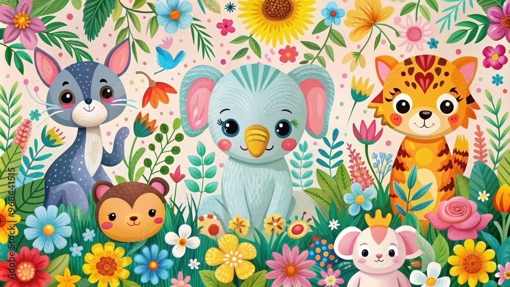 Naklejka premium Cute nursery art featuring adorable animals like elephant, duck, cat, dog, and tiger surrounded by vibrant flower power designs, nursery