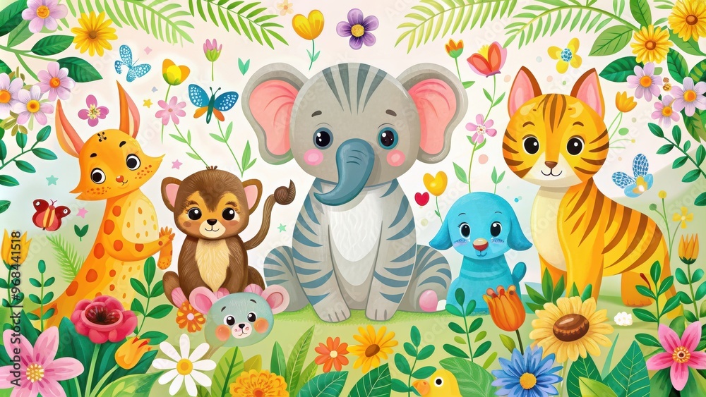 Fototapeta premium Colorful nursery art featuring cute animals like elephant, duck, cat, dog, tiger, and flower power design, nursery art, animals