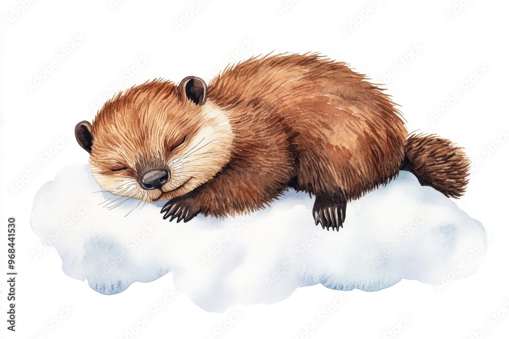 Obraz premium A charming watercolor illustration depicting a cute little beaver peacefully sleeping on a fluffy white cloud. The beaver's closed eyes and relaxed posture convey a sense of tranquility and dreams, wh