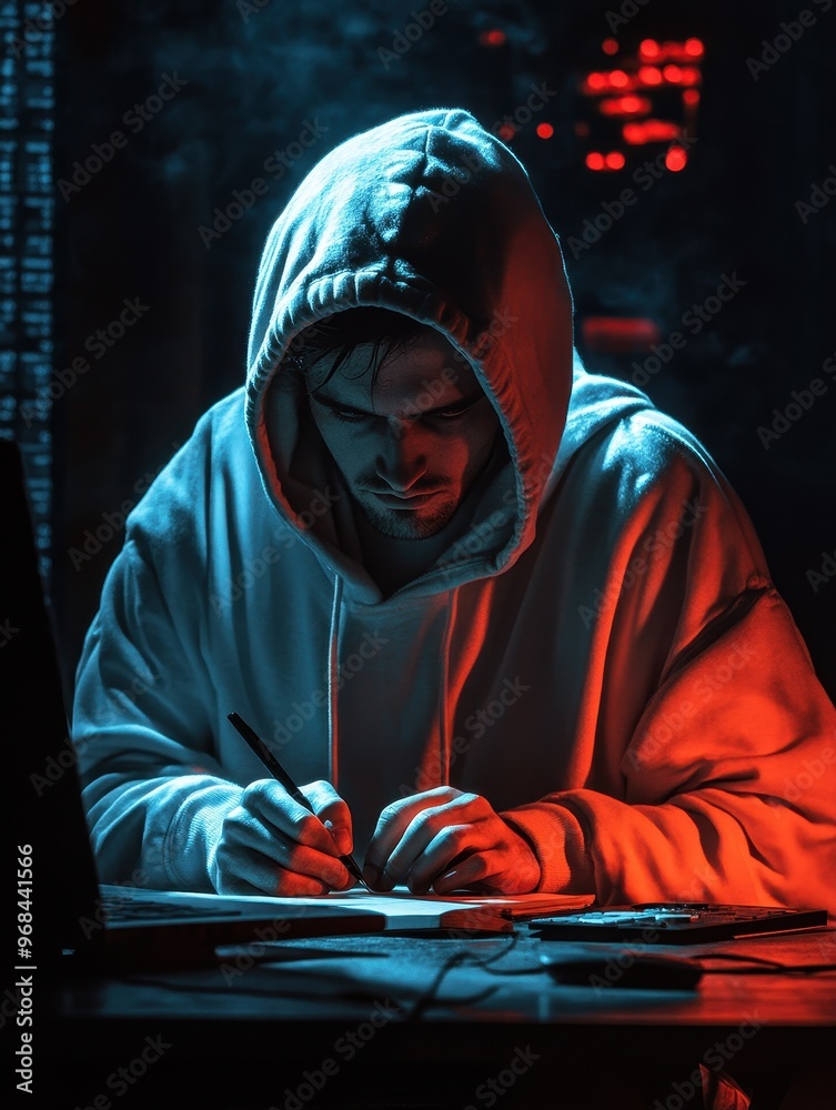 A man in a hoodie is writing on a piece of paper A man in a hoodie is writing on a piece of paper