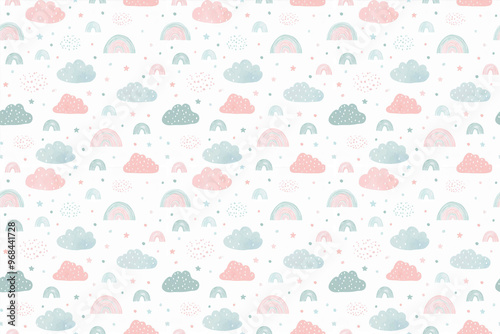 パステルカラー可愛い雲のシームレスパターン背景イラスト