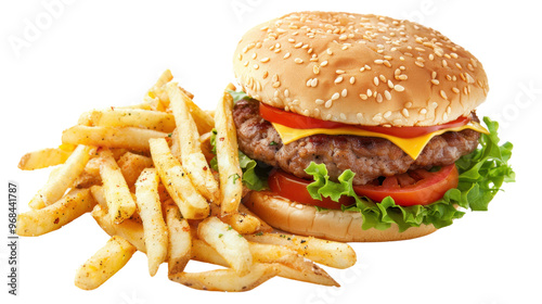 Hamburger and tasty french fries on a transparent background