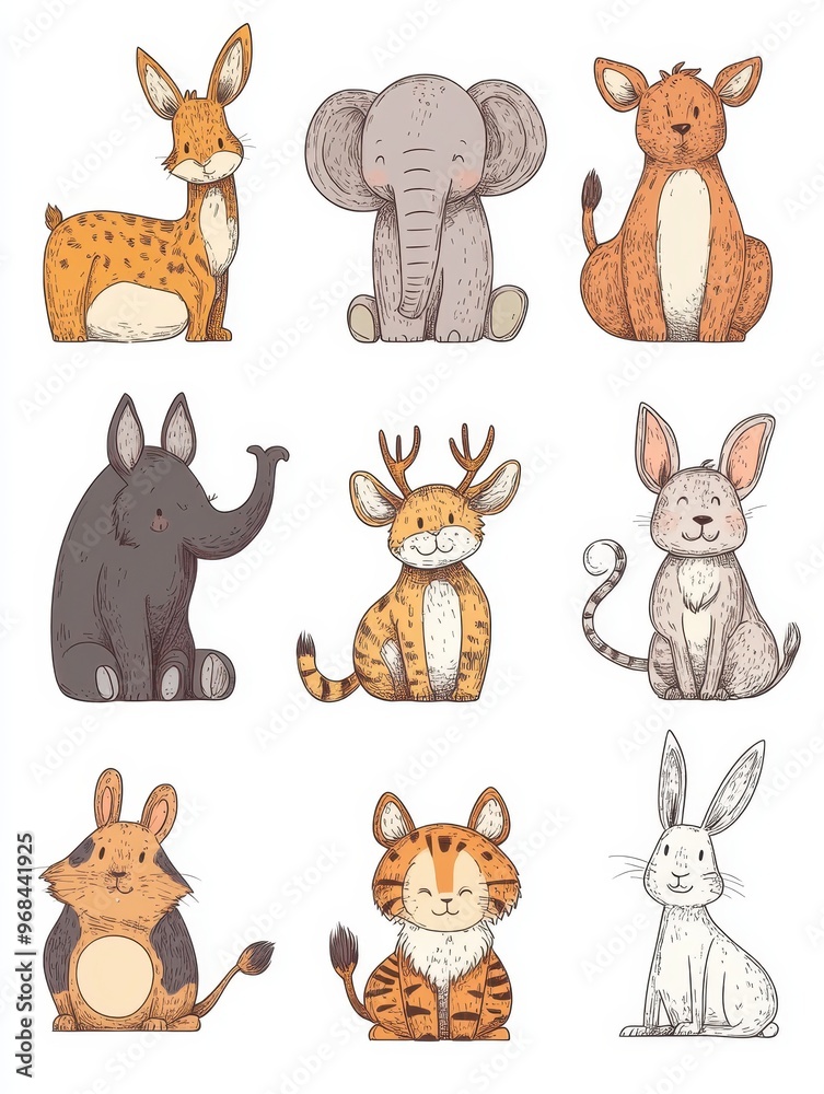 Obraz premium A set of cute animal drawings, including a cat, rabbit, and elephant