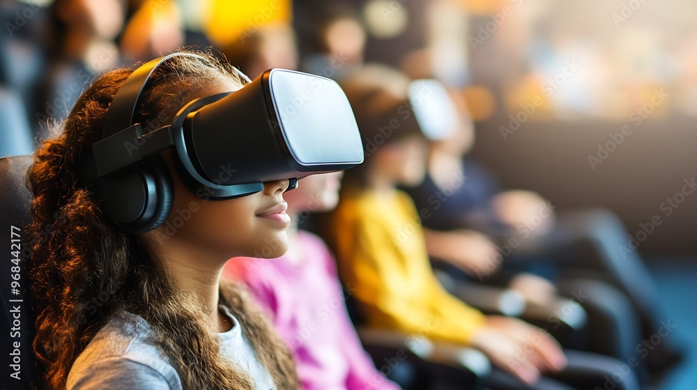 Young girl wearing a VR headset, looking into the virtual world. Young girl wearing a VR headset, looking into the virtual world.