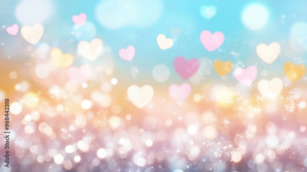 Soft heart-shaped bokeh lights twinkle against a colorful blurred backdrop, perfect for capturing a whimsical, romantic mood Soft heart-shaped bokeh lights twinkle against a colorful blurred backdrop, perfect for capturing a whimsical, romantic mood
