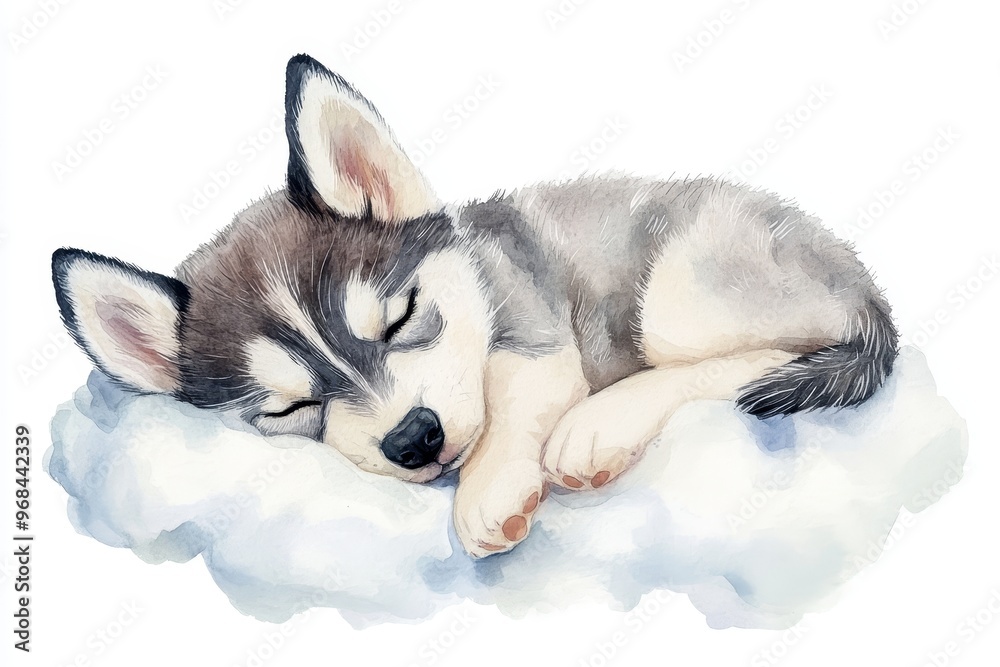 A charming watercolor illustration depicts a Siberian Husky puppy curled up and sleeping peacefully on a fluffy white cloud. The puppy's soft fur, closed eyes, and relaxed posture convey a sense of tr A charming watercolor illustration depicts a Siberian Husky puppy curled up and sleeping peacefully on a fluffy white cloud. The puppy's soft fur, closed eyes, and relaxed posture convey a sense of tr
