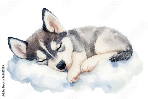 A charming watercolor illustration depicts a Siberian Husky puppy curled up and sleeping peacefully on a fluffy white cloud. The puppy's soft fur, closed eyes, and relaxed posture convey a sense of tr photo