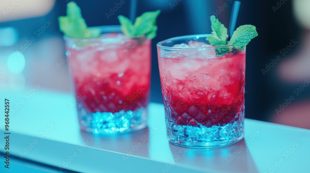 custom made wallpaper toronto digitalTwo refreshing cocktails with mint garnishes sit on a bar, showcasing a lively atmosphere during an evening celebration