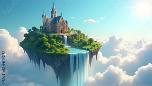 Floating Island with Castle and Waterfall.